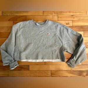 Champion Sweatshirt Cropped Heather Gray Reverse Weave Hem Long Sleeve Size Med